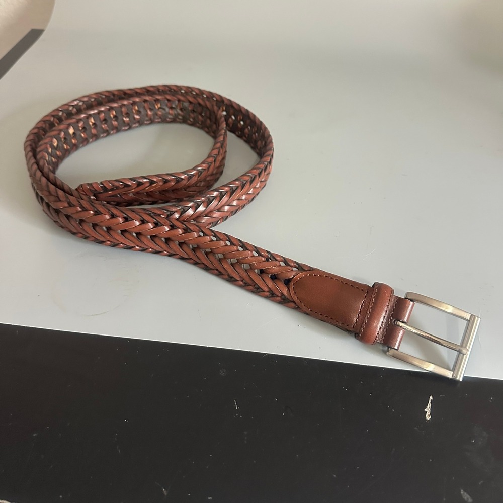 Roundtree & Yorke Mens Brown Woven Braided Leather Belt 42 Full Grain Cowhide
